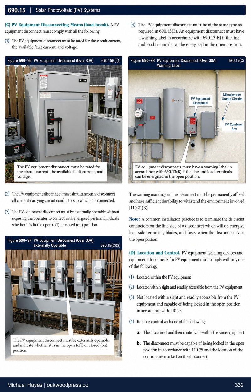 Page 332: solar photovoltaic (PV) equipment disconnecting means, Article 690