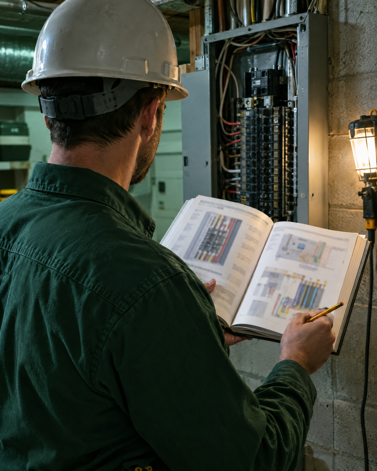 Electrician in a green work shirt reading a guide at an open panel
