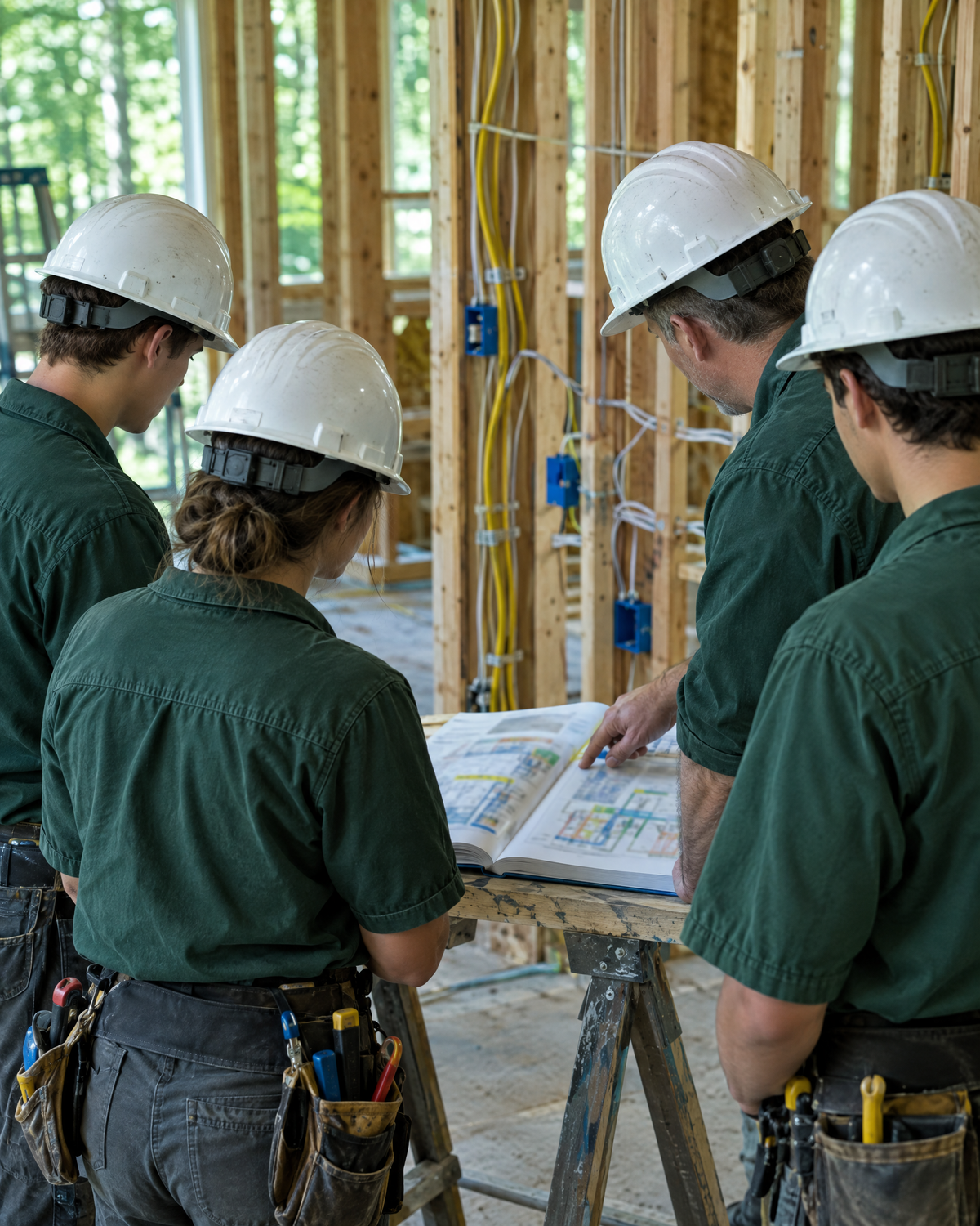 Crew in green work shirts reviewing a guide at a framing site