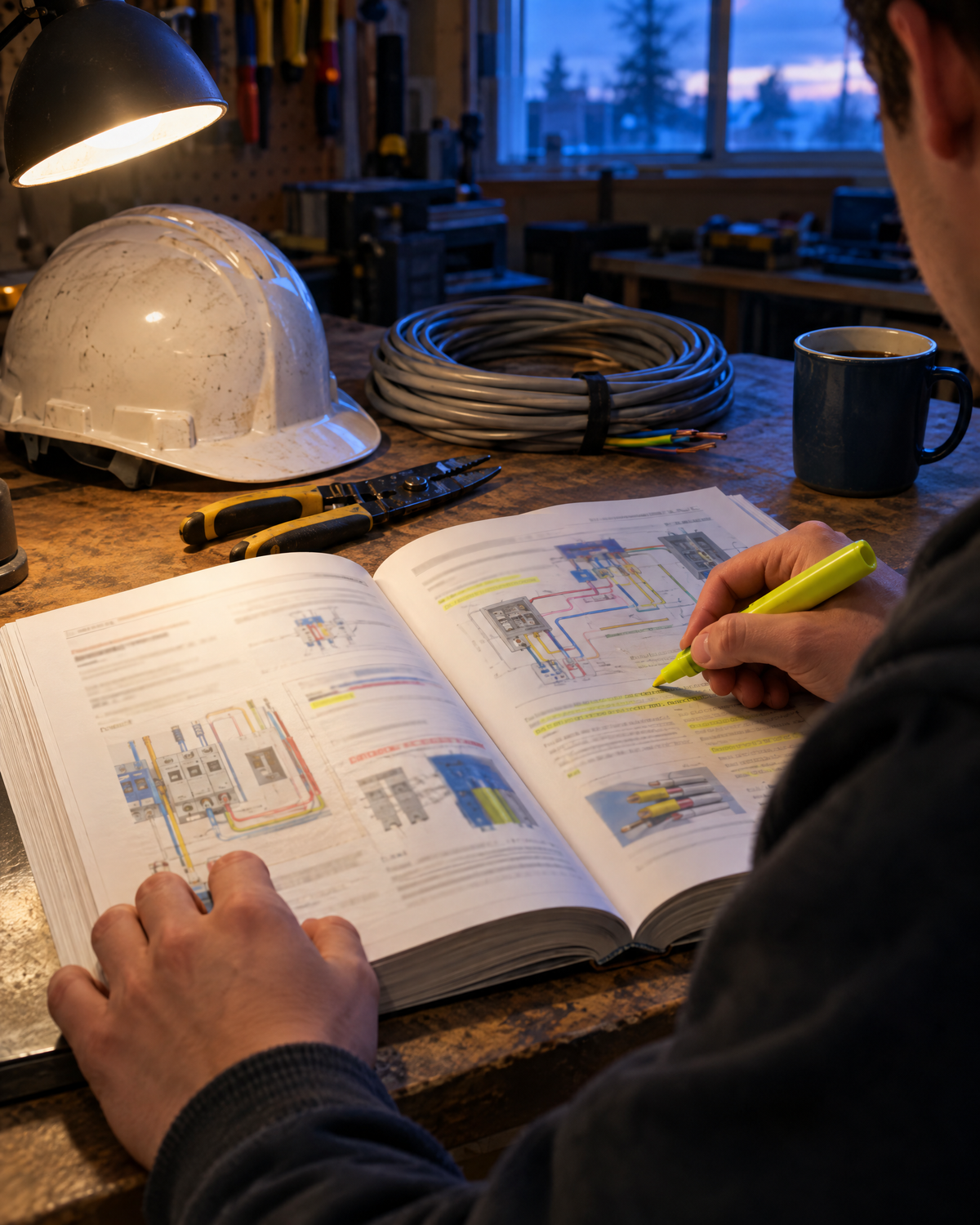 Apprentice electrician highlighting a study guide at a workbench