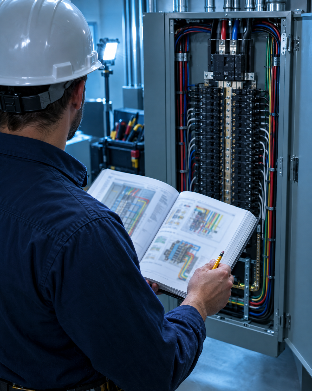Electrician reading an illustrated guide at an open electrical panel