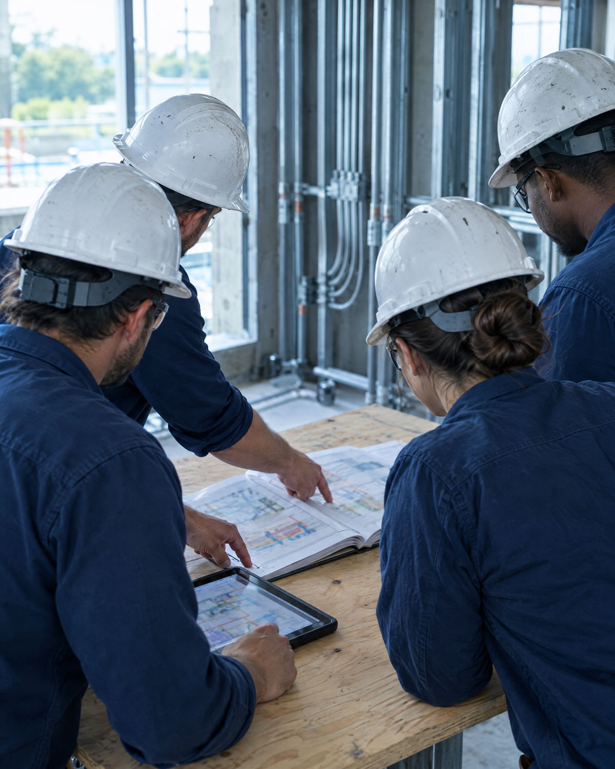 Crew of electricians reviewing a guide together on a job site