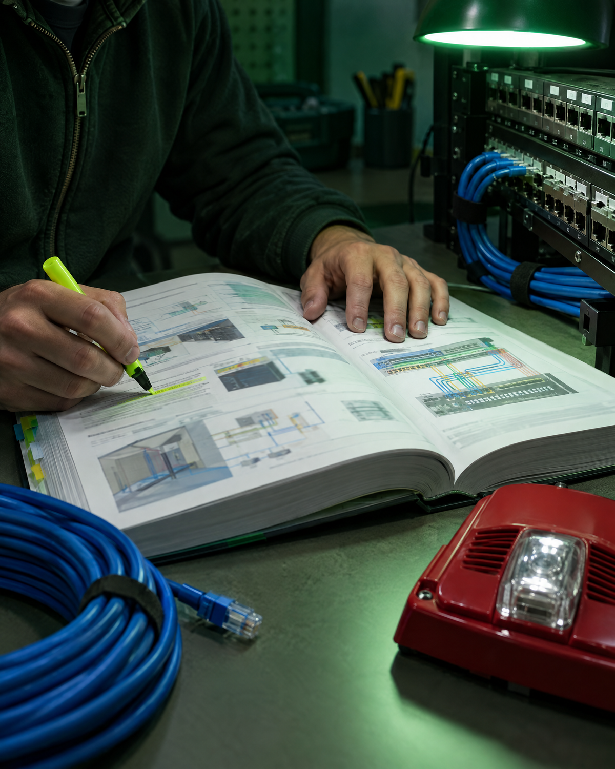 Open guide beside coiled cable and an alarm device on a desk