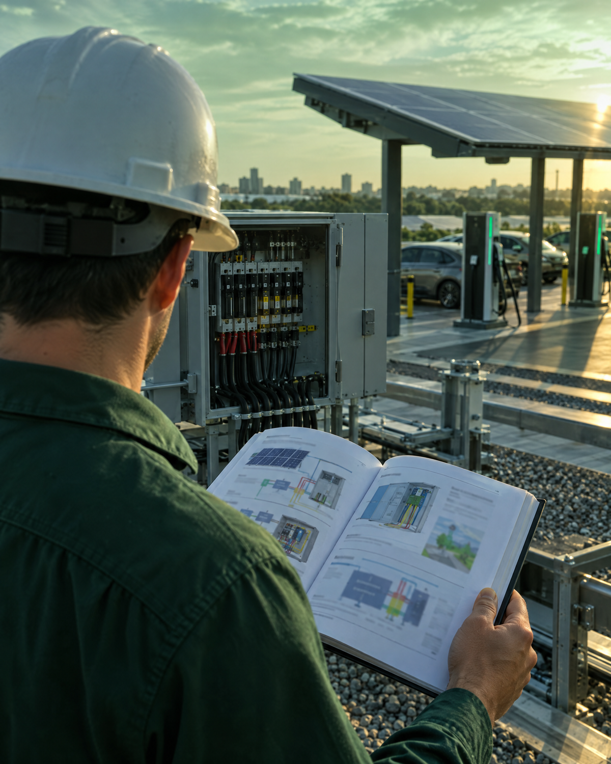 Electrician reading a guide on a commercial rooftop