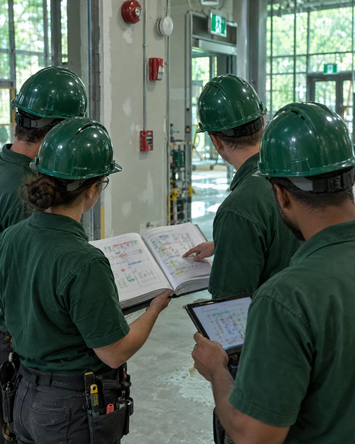 Crew in green hard hats reviewing a guide in a commercial building