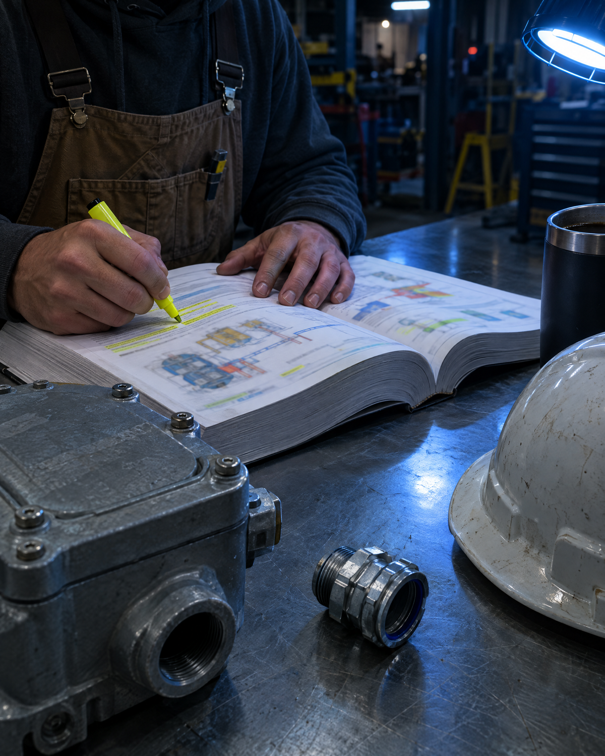 Hands highlighting a study guide at a workbench with an explosion-proof enclosure and hard hat