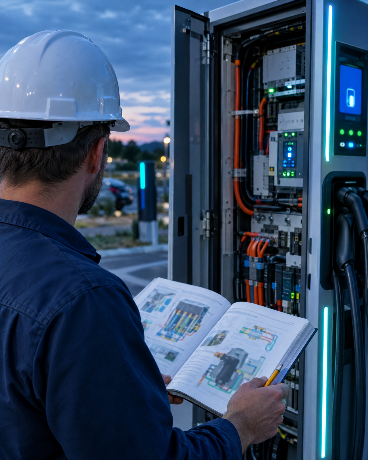 Electrician reading a code guide beside an EV charger and panel