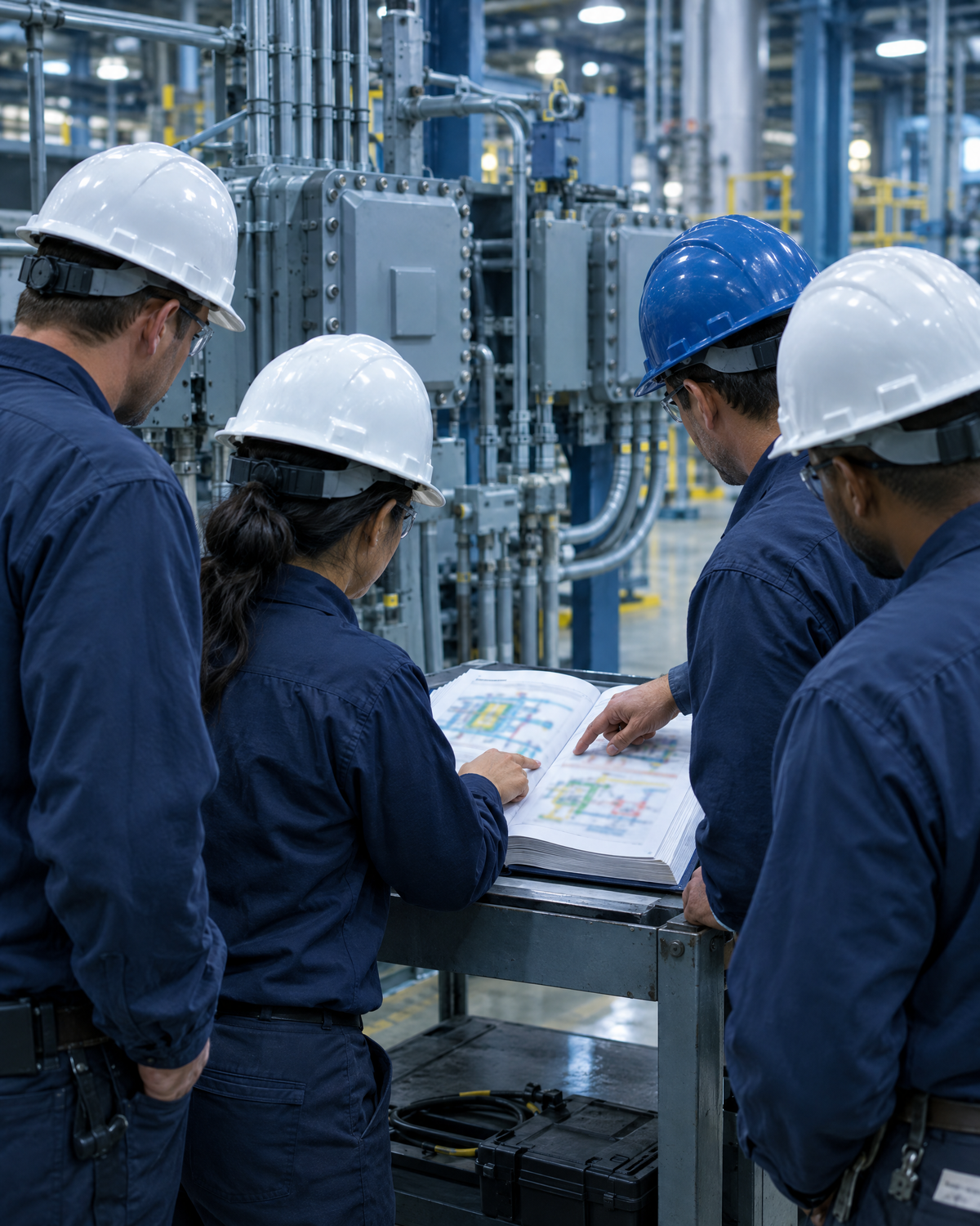 Crew of four reviewing a guide together at an industrial plant